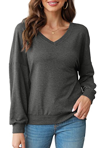 FMEYOA Womens V-Neck Sweatshirts without Hood Long Sleeve Lightweight Loose Fall Basic Shirts Tops(Dark Grey,Large)