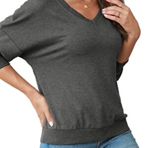 FMEYOA Womens V-Neck Sweatshirts without Hood Long Sleeve Lightweight Loose Fall Basic Shirts Tops(Dark Grey,Large)