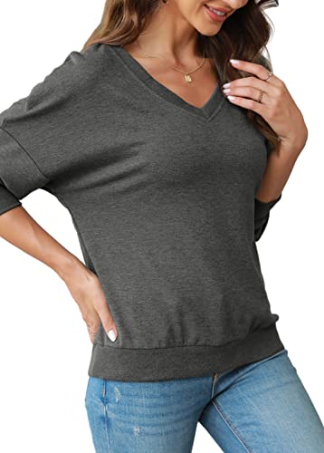 FMEYOA Womens V-Neck Sweatshirts without Hood Long Sleeve Lightweight Loose Fall Basic Shirts Tops(Dark Grey,Large)