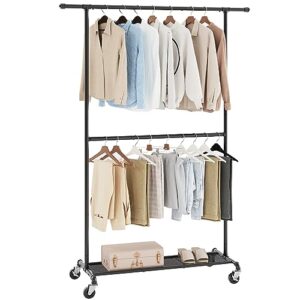 yatiney clothes rack, double rod garment rack, clothing rack with wheel, rolling clothes rack for hanging clothes, metal frame, adjustable middle rod, heavy-duty commercial display, black gr49bb