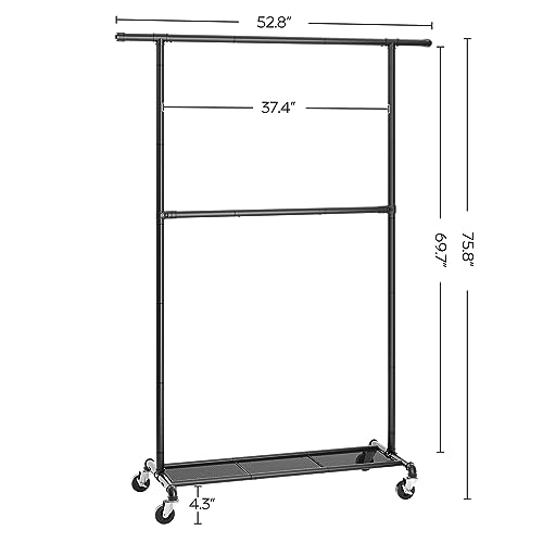 YATINEY Clothes Rack, Double Rod Garment Rack, Clothing Rack with Wheel, Rolling Clothes Rack for Hanging Clothes, Metal Frame, Adjustable Middle Rod, Heavy-Duty Commercial Display, Black GR49BB