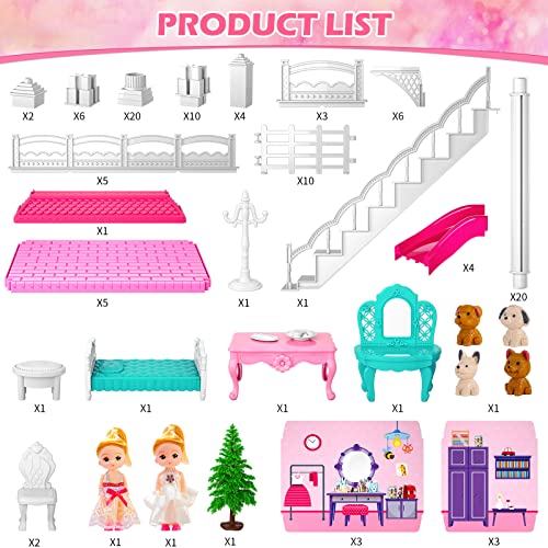 Doll House, Dream Doll House Furniture Pink Girl Toys, 2 Stories 3 Rooms Dollhouse with 2 Princesses Slide Accessories, Toddler Playhouse Gift for for 3 4 5 6 7 8 9 10 Year Old Girls Toys