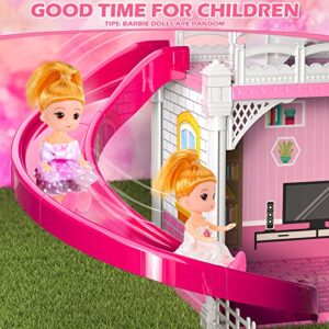 Doll House, Dream Doll House Furniture Pink Girl Toys, 2 Stories 3 Rooms Dollhouse with 2 Princesses Slide Accessories, Toddler Playhouse Gift for for 3 4 5 6 7 8 9 10 Year Old Girls Toys