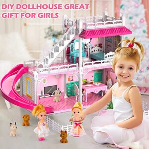 Doll House, Dream Doll House Furniture Pink Girl Toys, 2 Stories 3 Rooms Dollhouse with 2 Princesses Slide Accessories, Toddler Playhouse Gift for for 3 4 5 6 7 8 9 10 Year Old Girls Toys