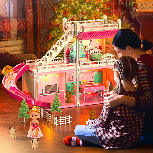 Doll House, Dream Doll House Furniture Pink Girl Toys, 2 Stories 3 Rooms Dollhouse with 2 Princesses Slide Accessories, Toddler Playhouse Gift for for 3 4 5 6 7 8 9 10 Year Old Girls Toys