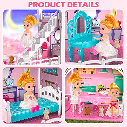 Doll House, Dream Doll House Furniture Pink Girl Toys, 2 Stories 3 Rooms Dollhouse with 2 Princesses Slide Accessories, Toddler Playhouse Gift for for 3 4 5 6 7 8 9 10 Year Old Girls Toys