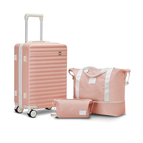 imiomo Carry On Luggage 20 Inch airline approved Hardside 3PCS Set Lightweight Rolling Travel Luggagewith TSA Lock， Suitcase with Spinner Wheels (PINK+beige, Carry-On 20-Inch)