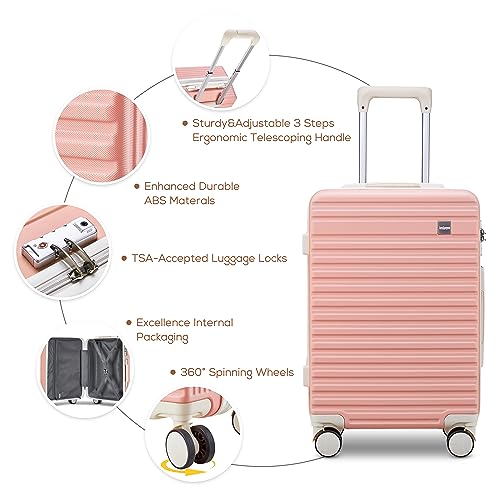 imiomo Carry On Luggage 20 Inch airline approved Hardside 3PCS Set Lightweight Rolling Travel Luggagewith TSA Lock， Suitcase with Spinner Wheels (PINK+beige, Carry-On 20-Inch)