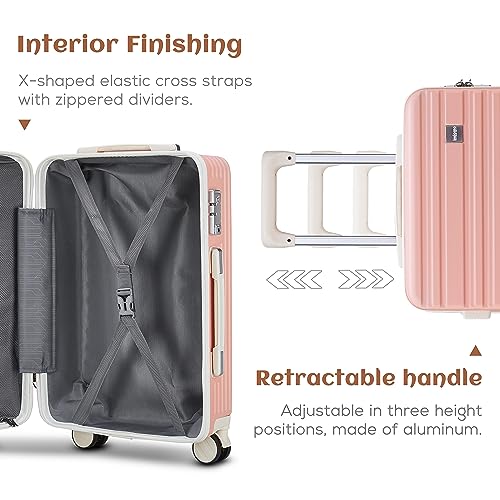 imiomo Carry On Luggage 20 Inch airline approved Hardside 3PCS Set Lightweight Rolling Travel Luggagewith TSA Lock， Suitcase with Spinner Wheels (PINK+beige, Carry-On 20-Inch)