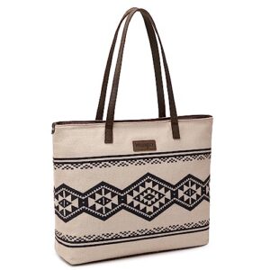 Wrangler Tote Purse Bag Aztec Canvas Shoulder Bags Native American Western Handbags for Women Genuine Leather Strap Hobo Bag WG53-8112TN