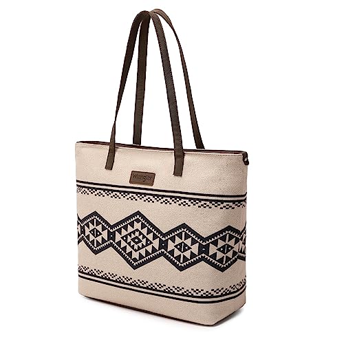 Wrangler Tote Purse Bag Aztec Canvas Shoulder Bags Native American Western Handbags for Women Genuine Leather Strap Hobo Bag WG53-8112TN