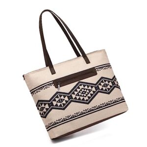 Wrangler Tote Purse Bag Aztec Canvas Shoulder Bags Native American Western Handbags for Women Genuine Leather Strap Hobo Bag WG53-8112TN