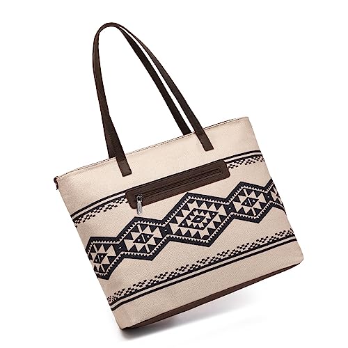 Wrangler Tote Purse Bag Aztec Canvas Shoulder Bags Native American Western Handbags for Women Genuine Leather Strap Hobo Bag WG53-8112TN