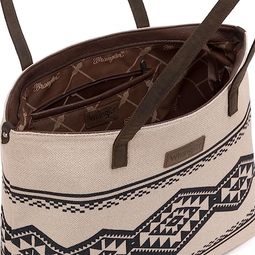 Wrangler Tote Purse Bag Aztec Canvas Shoulder Bags Native American Western Handbags for Women Genuine Leather Strap Hobo Bag WG53-8112TN