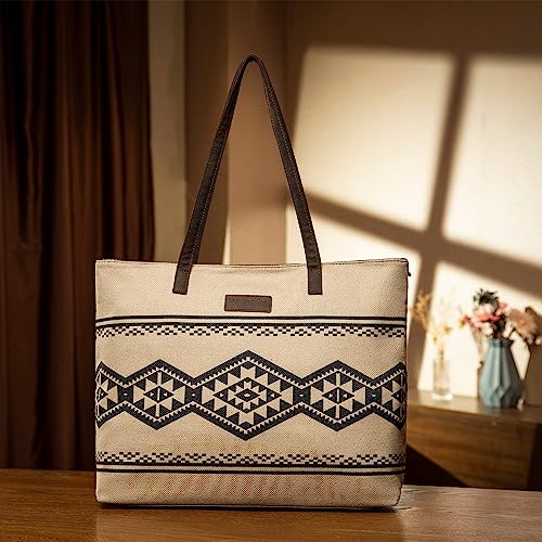 Wrangler Tote Purse Bag Aztec Canvas Shoulder Bags Native American Western Handbags for Women Genuine Leather Strap Hobo Bag WG53-8112TN