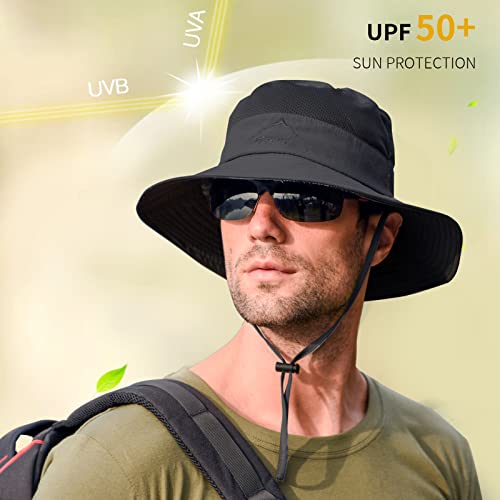 Sun Hats for Men Women Fishing Hat UPF 50+ Breathable Wide Brim Summer UV Protection Hat Black