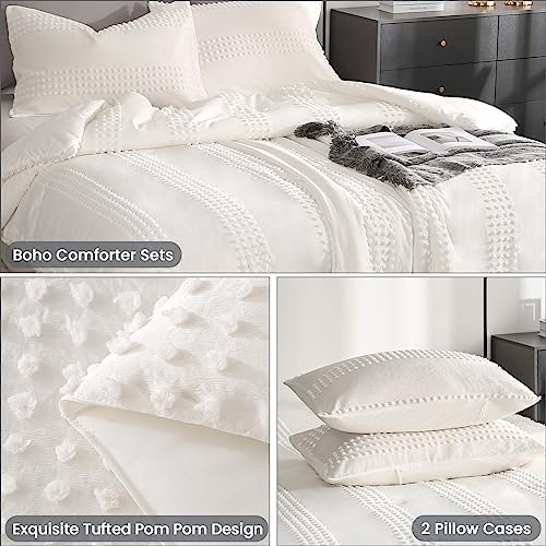 ENJOHOS White Queen Comforter Set - Boho Bedding Sets Queen for Teen Girls, 3 PCS Tufted Comforter with Pom Pom Design for All Season, Lightweight Soft Microfiber Cooling Comforter with 2 Pillow Cases