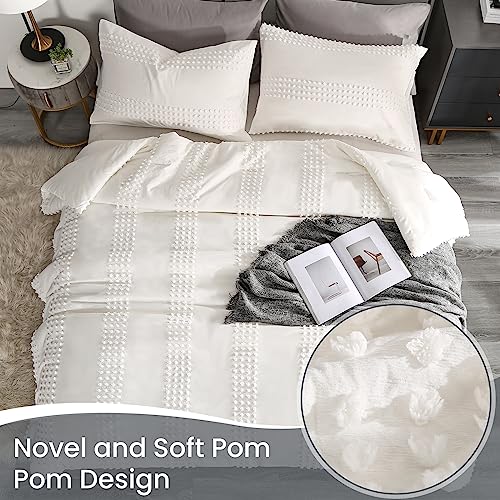 ENJOHOS White Queen Comforter Set - Boho Bedding Sets Queen for Teen Girls, 3 PCS Tufted Comforter with Pom Pom Design for All Season, Lightweight Soft Microfiber Cooling Comforter with 2 Pillow Cases