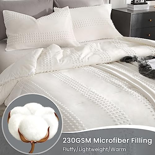 ENJOHOS White Queen Comforter Set - Boho Bedding Sets Queen for Teen Girls, 3 PCS Tufted Comforter with Pom Pom Design for All Season, Lightweight Soft Microfiber Cooling Comforter with 2 Pillow Cases