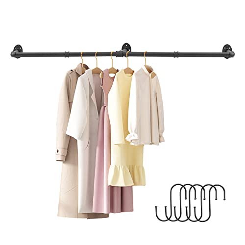 QNK Clothes Drying Rack 72 Inch Industrial Pipe Shelving Garment Bar Hanger Closet Rod Wall Mounted Heavy Duty Cast Iron w/5 Hooks 3 Bases