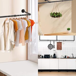 QNK Clothes Drying Rack 72 Inch Industrial Pipe Shelving Garment Bar Hanger Closet Rod Wall Mounted Heavy Duty Cast Iron w/5 Hooks 3 Bases