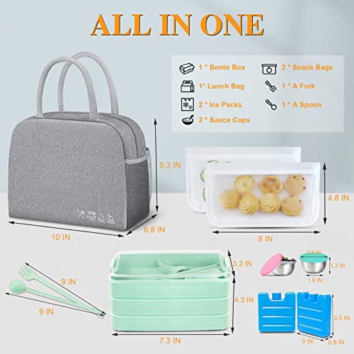 KUBYA Bento Lunch Box Set,Stackable Lunch Container Leak-Proof 3-In-1 Compartment With Ice Packs, Reusable Lunch Bag, Food Bags, Sauce Cups, Lunch Box Microwave Freezer Safe（GREY）