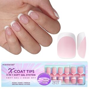 btartboxnails french gel nail tips -150pcs french tip press on nails pink extra short square 3 in 1 x-coat tips pre-applied tip primer & base coat, no need to file fake nails for nail art diy 15 sizes