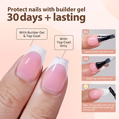 BTArtboxnails French Gel Nail Tips -150Pcs French Tip Press on Nails Pink Extra Short Square 3 in 1 X-coat Tips Pre-applied Tip Primer & Base Coat, No Need to File Fake Nails for Nail Art DIY 15 Sizes