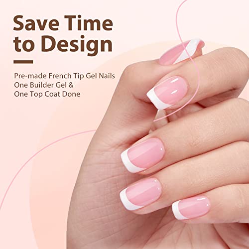 BTArtboxnails French Gel Nail Tips -150Pcs French Tip Press on Nails Pink Extra Short Square 3 in 1 X-coat Tips Pre-applied Tip Primer & Base Coat, No Need to File Fake Nails for Nail Art DIY 15 Sizes