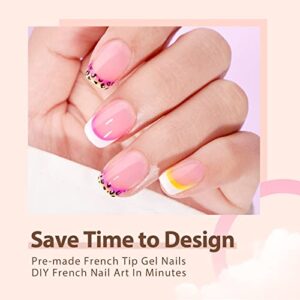 BTArtboxnails French Gel Nail Tips -150Pcs French Tip Press on Nails Pink Extra Short Square 3 in 1 X-coat Tips Pre-applied Tip Primer & Base Coat, No Need to File Fake Nails for Nail Art DIY 15 Sizes