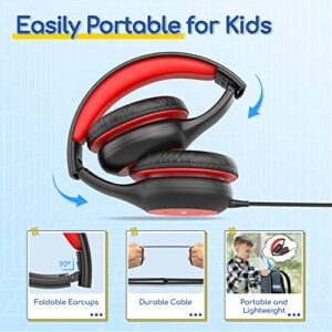 EarFun Kids Headphones Wired with Microphone, 85/94dB Volume Limit Portable Headphones for Kids with Shareport, Stereo Sound Foldable Headset for School/Tablet/iPad/Kindle, Black Red