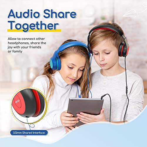 EarFun Kids Headphones Wired with Microphone, 85/94dB Volume Limit Portable Headphones for Kids with Shareport, Stereo Sound Foldable Headset for School/Tablet/iPad/Kindle, Black Red