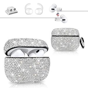 newseego for airpods pro case,sparkly rhinestone luxurious airpods pro cover gift kit keychain+anti-lost strap+ear hooks+watch band holder glitter pc shockproof airpod pro protective cases-silver