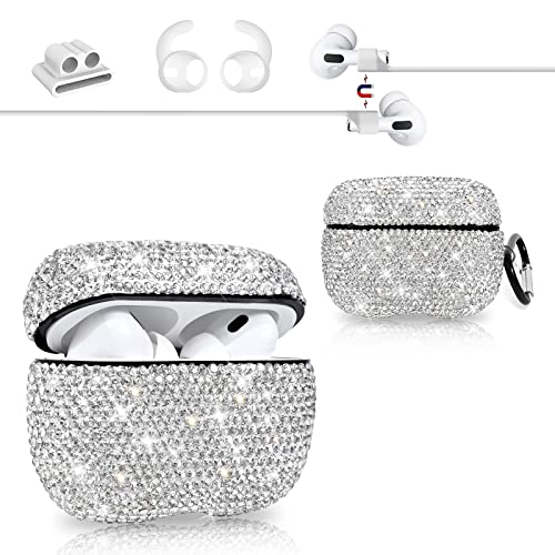 Newseego for AirPods Pro Case,Sparkly Rhinestone Luxurious AirPods Pro Cover Gift Kit Keychain+Anti-Lost Strap+Ear Hooks+Watch Band Holder Glitter PC Shockproof AirPod Pro Protective Cases-Silver