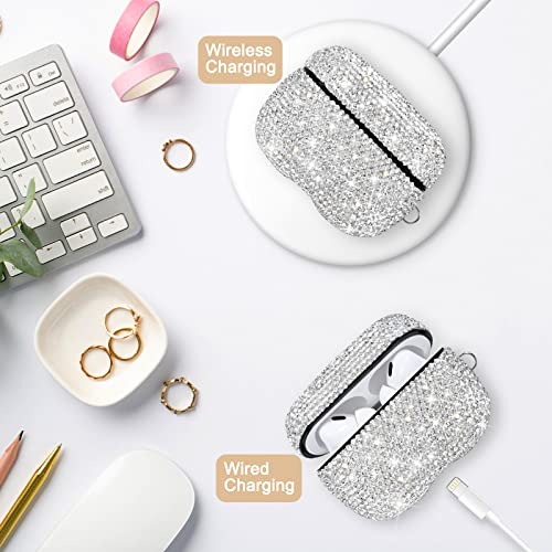 Newseego for AirPods Pro Case,Sparkly Rhinestone Luxurious AirPods Pro Cover Gift Kit Keychain+Anti-Lost Strap+Ear Hooks+Watch Band Holder Glitter PC Shockproof AirPod Pro Protective Cases-Silver
