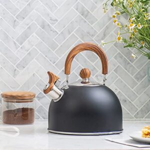 stainless steel whistling tea kettle, 2.2 qt / 88 oz vintage black teapot with wood pattern folding handle, stovetop kettle for tea, water, coffee, milk, etc, gas electric applicable