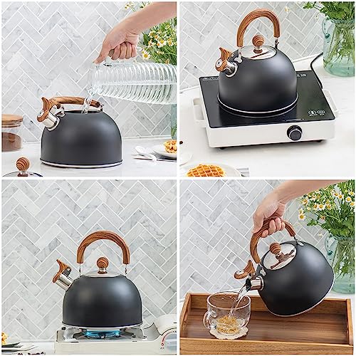 Stainless Steel Whistling Tea Kettle, 2.2 QT / 88 OZ Vintage Black Teapot with Wood Pattern Folding Handle, Stovetop Kettle for Tea, Water, Coffee, Milk, etc, Gas Electric Applicable