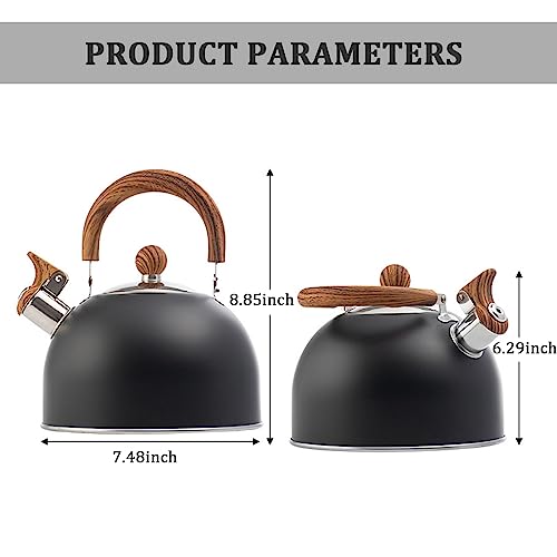 Stainless Steel Whistling Tea Kettle, 2.2 QT / 88 OZ Vintage Black Teapot with Wood Pattern Folding Handle, Stovetop Kettle for Tea, Water, Coffee, Milk, etc, Gas Electric Applicable