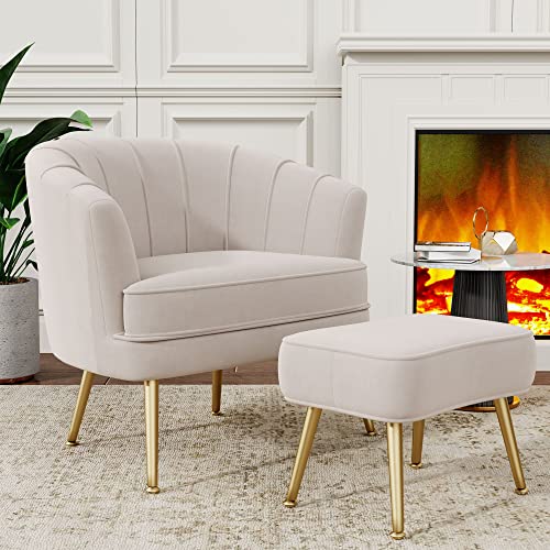 Andeworld Velvet Accent Chair with Ottoman, Upholstered Modern Single Sofa Side Chair,Comfy Barrel Club Living Room Armchair with Golden Metal Legs for Bedroom Living Reading Room Office, Beige