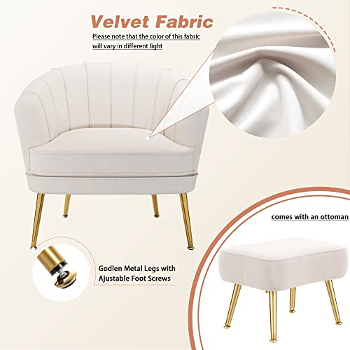 Andeworld Velvet Accent Chair with Ottoman, Upholstered Modern Single Sofa Side Chair,Comfy Barrel Club Living Room Armchair with Golden Metal Legs for Bedroom Living Reading Room Office, Beige