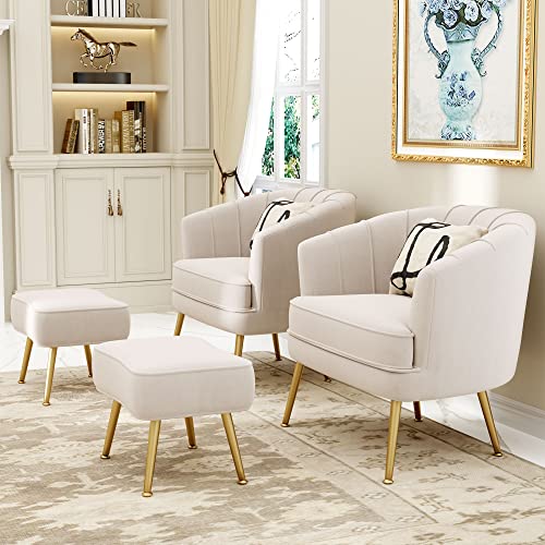 Andeworld Velvet Accent Chair with Ottoman, Upholstered Modern Single Sofa Side Chair,Comfy Barrel Club Living Room Armchair with Golden Metal Legs for Bedroom Living Reading Room Office, Beige