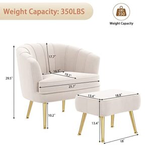 Andeworld Velvet Accent Chair with Ottoman, Upholstered Modern Single Sofa Side Chair,Comfy Barrel Club Living Room Armchair with Golden Metal Legs for Bedroom Living Reading Room Office, Beige