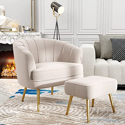 Andeworld Velvet Accent Chair with Ottoman, Upholstered Modern Single Sofa Side Chair,Comfy Barrel Club Living Room Armchair with Golden Metal Legs for Bedroom Living Reading Room Office, Beige