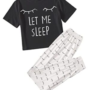 WDIRARA Women's Graphic Print Sleepwear Round Neck Short Sleeve Tee and Pants Pajamas Set Black White Eyelash S