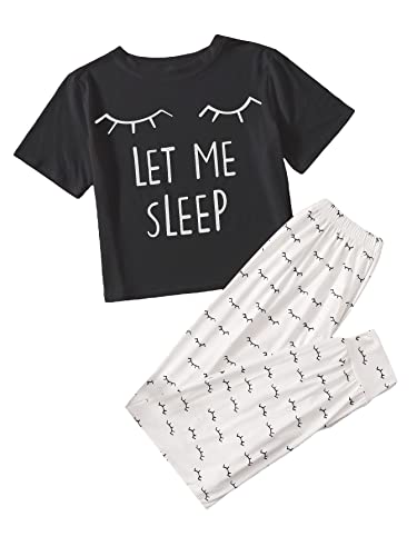 WDIRARA Women's Graphic Print Sleepwear Round Neck Short Sleeve Tee and Pants Pajamas Set Black White Eyelash S