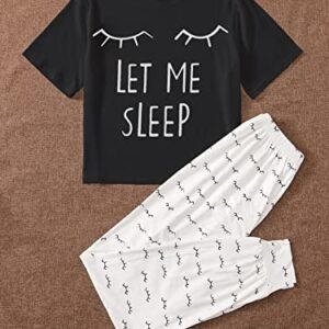 WDIRARA Women's Graphic Print Sleepwear Round Neck Short Sleeve Tee and Pants Pajamas Set Black White Eyelash S