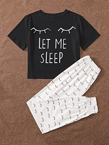 WDIRARA Women's Graphic Print Sleepwear Round Neck Short Sleeve Tee and Pants Pajamas Set Black White Eyelash S