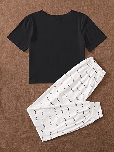 WDIRARA Women's Graphic Print Sleepwear Round Neck Short Sleeve Tee and Pants Pajamas Set Black White Eyelash S