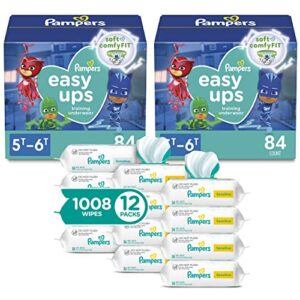 pampers easy ups pull on training underwear boys, 5t-6t, 2 month supply (2 x 84 count) with sensitive water based baby wipes 12x multi pack pop-top and refill (1008 count)