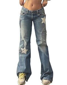 etatng womens star print high waist baggy cargo jeans with slant pocket vintage y2k straight leg distressed denim blue l